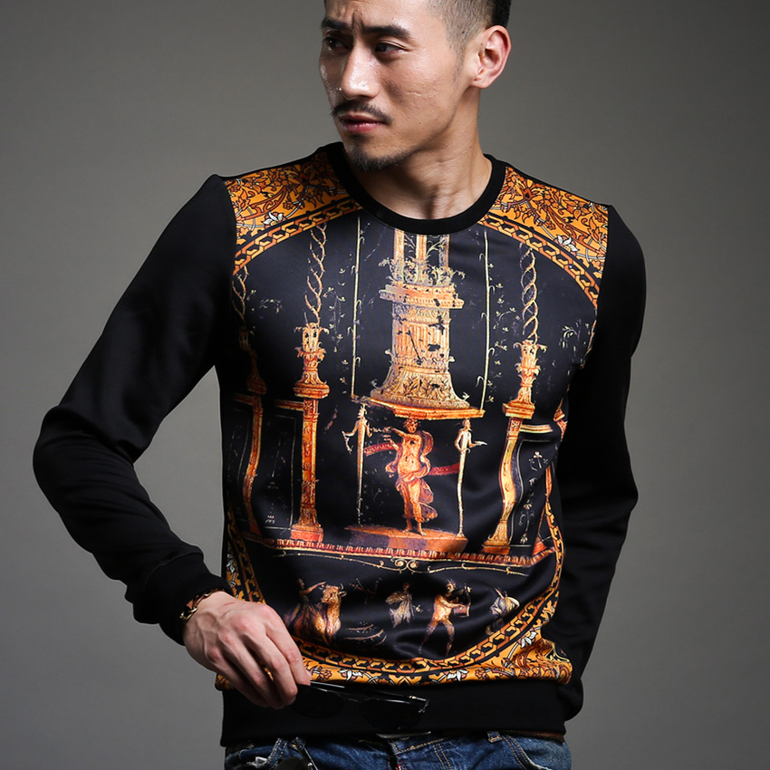2014秋冬新款 韩版男衫数码个性印花 长袖修身加厚圆领套头卫衣潮