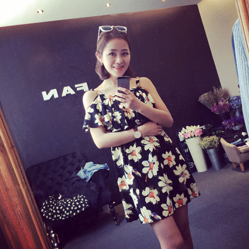 2014夏新款韩版女装花朵露肩沙滩连衣裙修身显瘦波西米亚长裙旅游