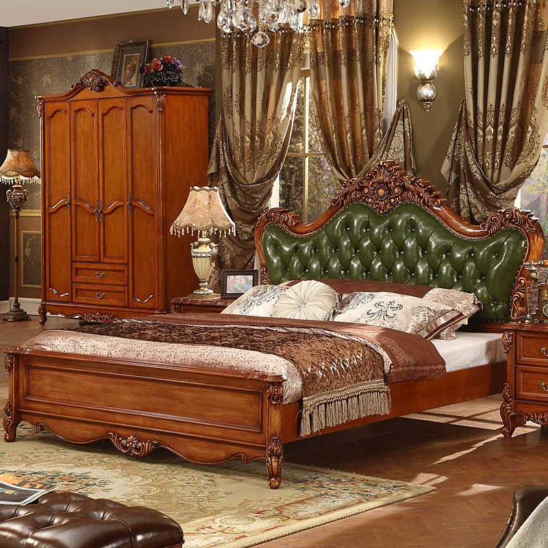 欧式床双人床深色 美式床全实木床雕花 1.8米复古床 真皮高箱婚床