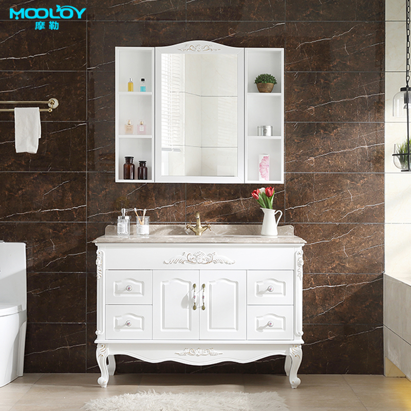 MOOLOY欧美式橡木实木落地浴室柜组合大理石陶瓷盆洗脸盆洗漱台柜