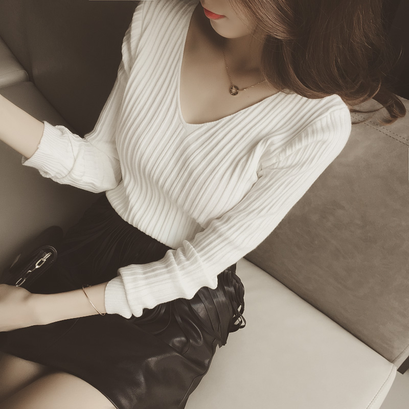 2015韩国秋冬装新款V领修身显瘦长袖纯色薄针织衫打底女t恤上衣