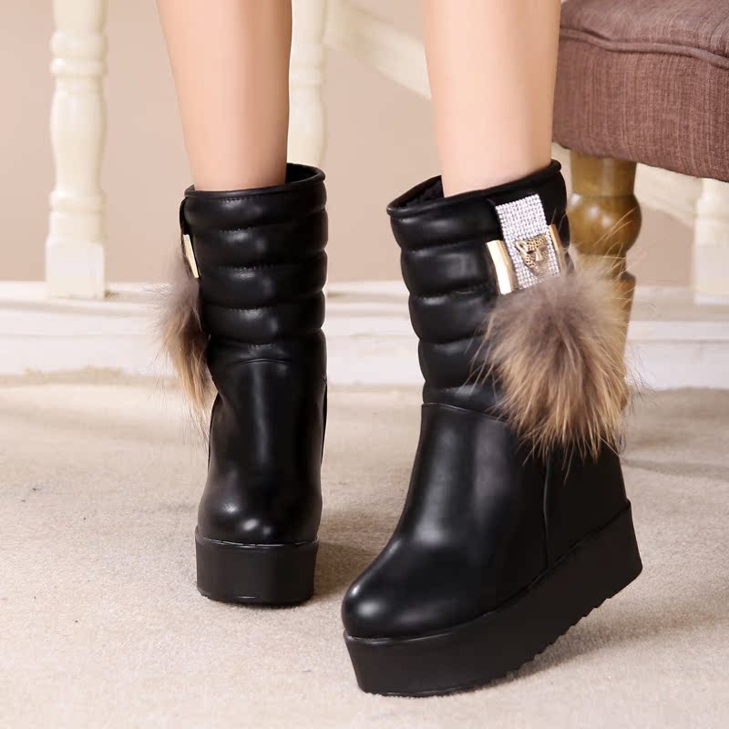 2015冬季欧美狐狸毛雪地靴女短靴厚底内增高防滑保暖中筒棉鞋靴子