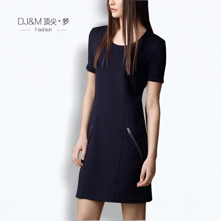 预售2015新款欧美气质短袖连衣裙OL修身显瘦罗马棉圆领大码女裙子