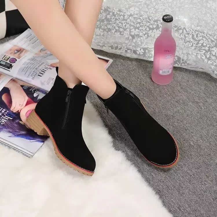 韩版秋冬季加绒女短靴粗跟低跟双侧拉链马丁靴及踝靴时尚舒适女靴