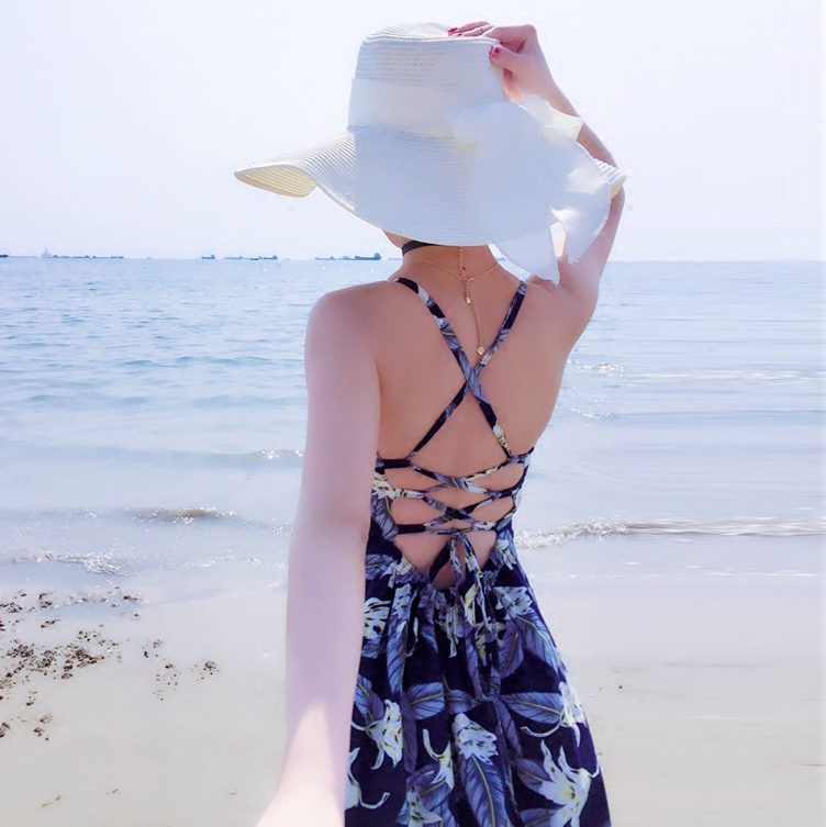 春夏新款海边度假沙滩裙露背绑带侧开叉印花连衣裙波西米亚长裙