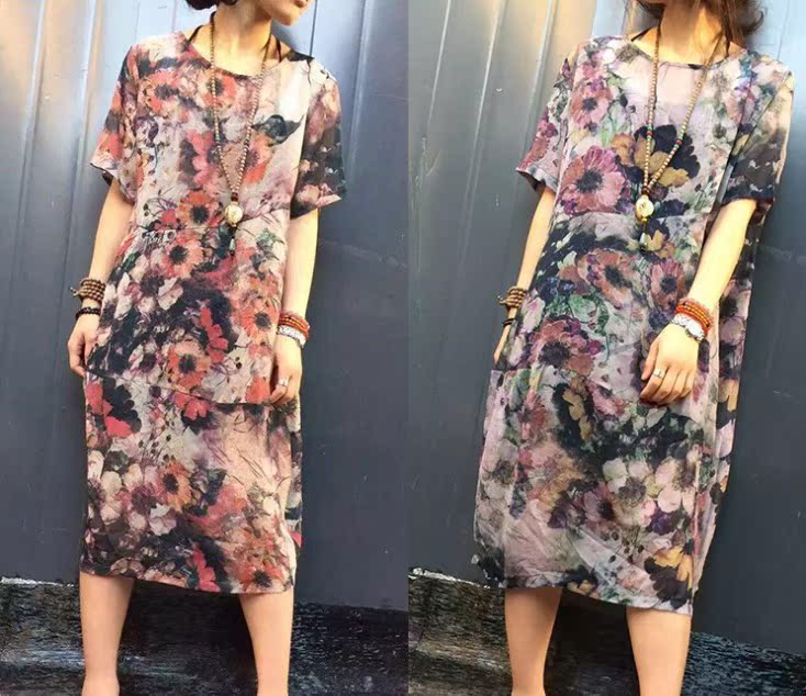 2015夏季薄款棉麻女式大码连衣裙 中长款女式韩版印花袍子 热销