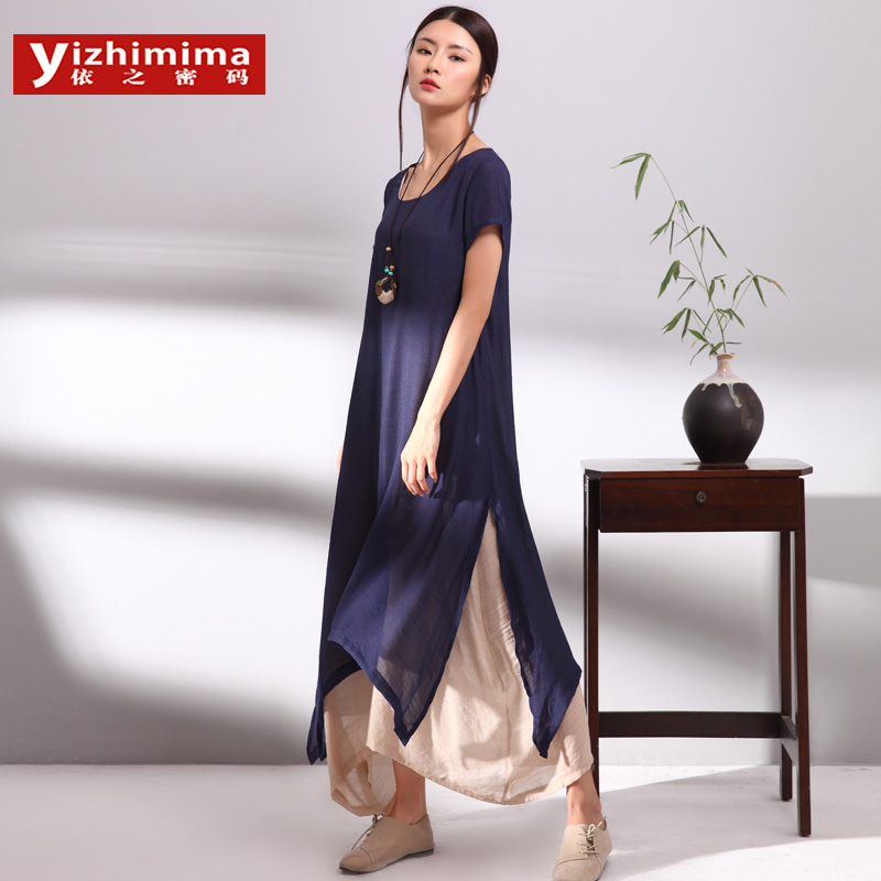 YIZHIMIMA2015夏新品 简约文艺范假两件连衣裙不规则下摆长裙
