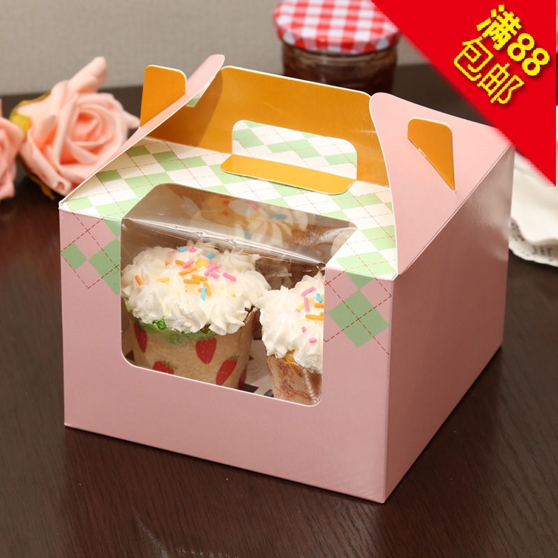 烘焙包装 粉色开窗4格装纸杯手提蛋糕盒 蛋挞西点盒 马芬杯包装盒