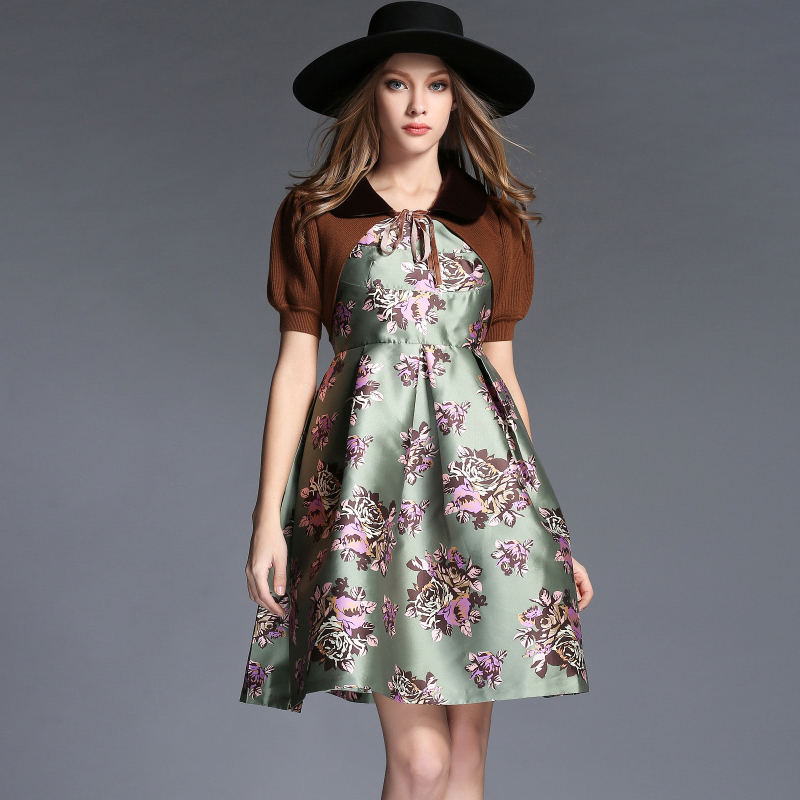 欧洲站2015秋装新款欧美时尚针织披肩宫廷印花女士两件套连衣裙