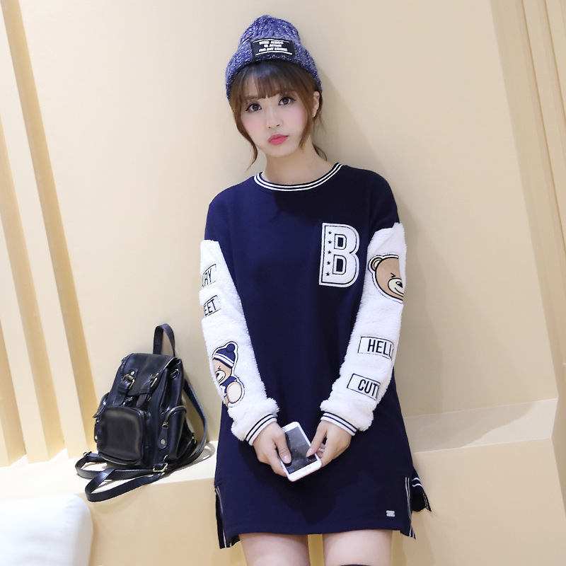 2016年韩版学生少女中长款 修身显瘦圆领套头羊羔毛拼接卫衣女