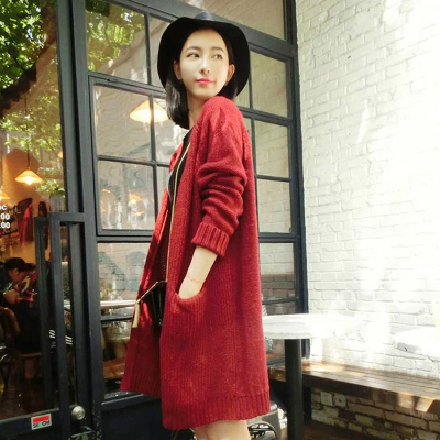 2015秋季新款韩版宽松潮大码针织衫女开衫中长款加厚长袖毛衣外套