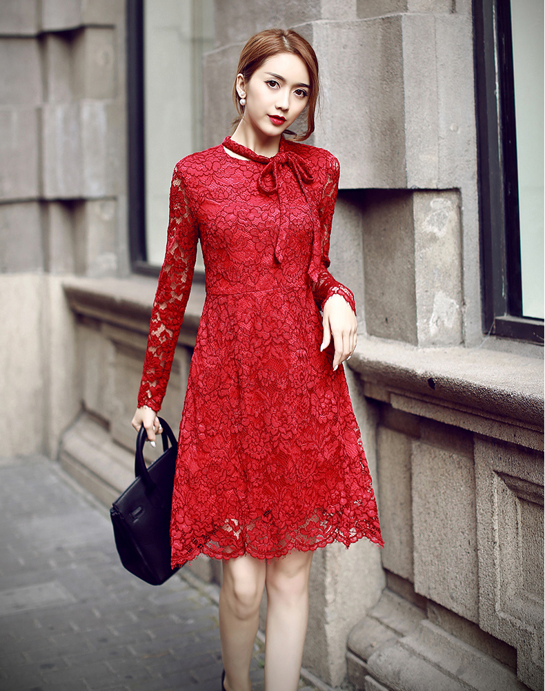 代购韩国秋冬季新款韩版性感蕾丝长袖修身单穿A字裙子连衣裙女装