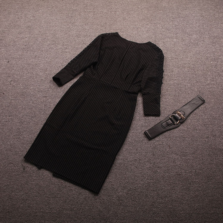 2015秋装新款 韩版条纹修身显瘦七分袖连衣裙打底裙