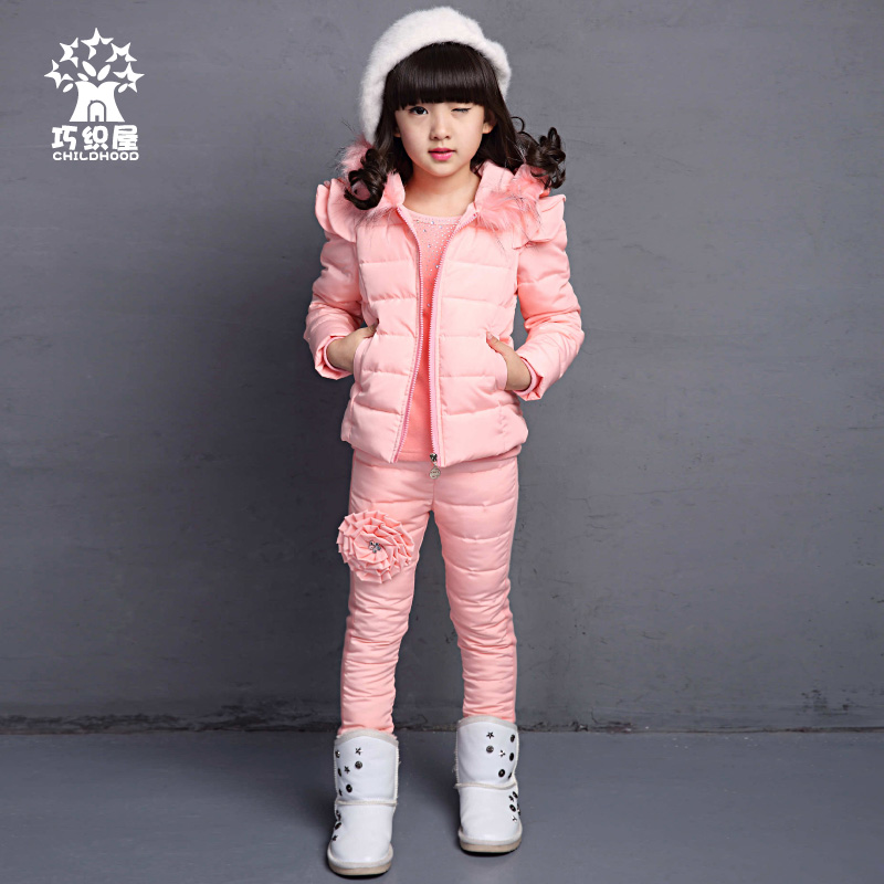 女童棉衣三件套韩版2015新款童装中大童棉袄纯色棉服儿童冬装套装