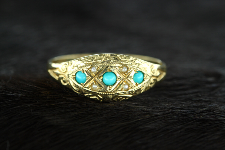 西洋古董首饰9k黄金蓝色瓷松珍珠古典戒指英国全标