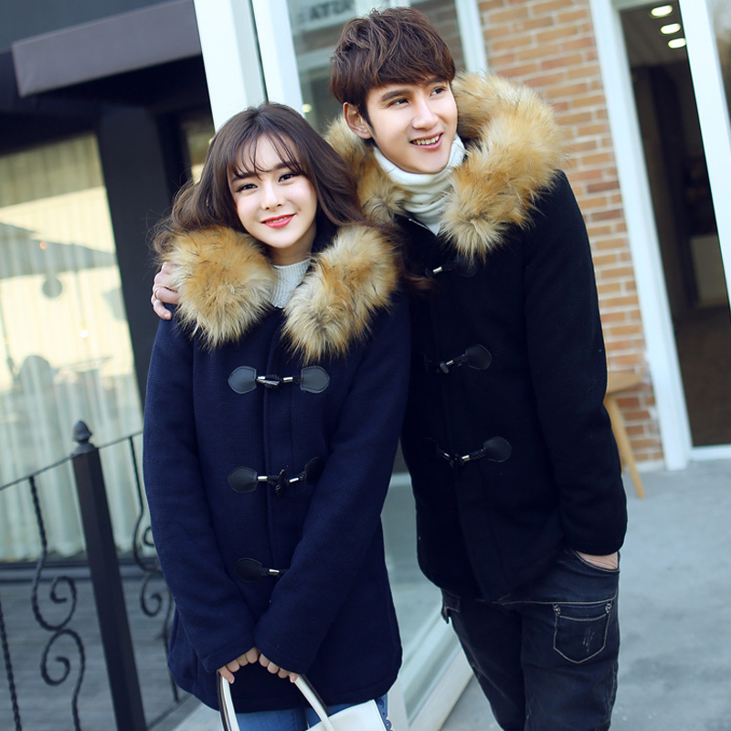 2015冬季新款韩版男女连帽毛领棉衣中长款牛角扣加厚情侣棉服外套