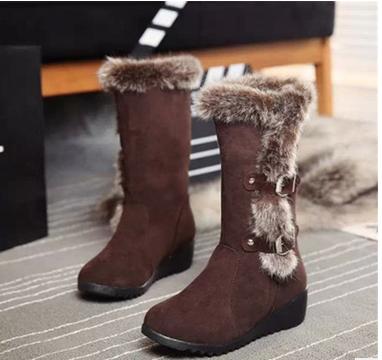 2015冬季新款防滑雪地靴 坡跟中筒靴兔毛一体女靴棉靴