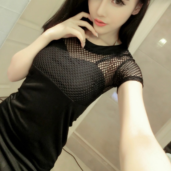 2016夏季新款韩版潮女装蕾丝镂空包臀性感夜店修身短袖黑色连衣裙