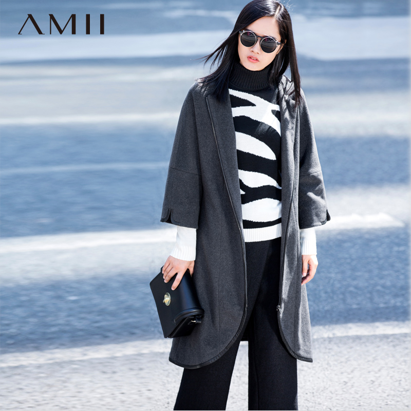 Amii2015冬季中长款七分袖纯色羊毛主义拼皮弧形毛呢外套11512092