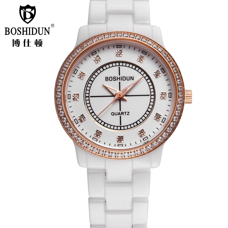 博仕顿正品腕表镶钻时尚女士白色陶瓷石英表防水商务女手表时装表