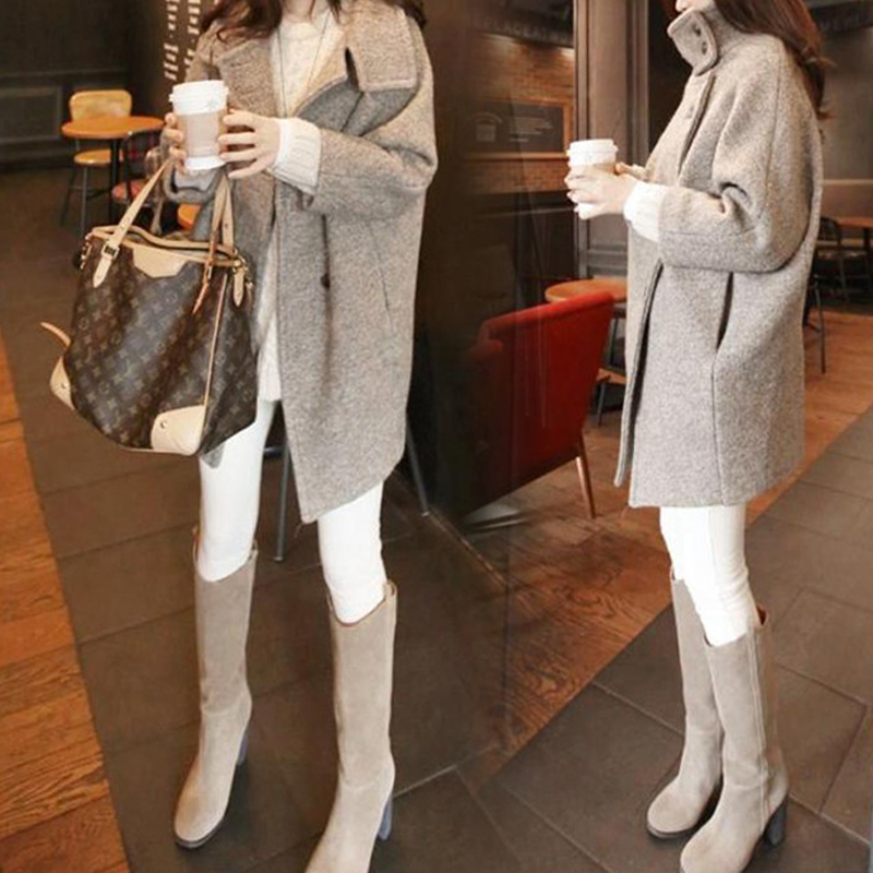韩国代购2015秋冬大码女装中长款宽松茧型羊毛呢子大衣毛呢外套潮