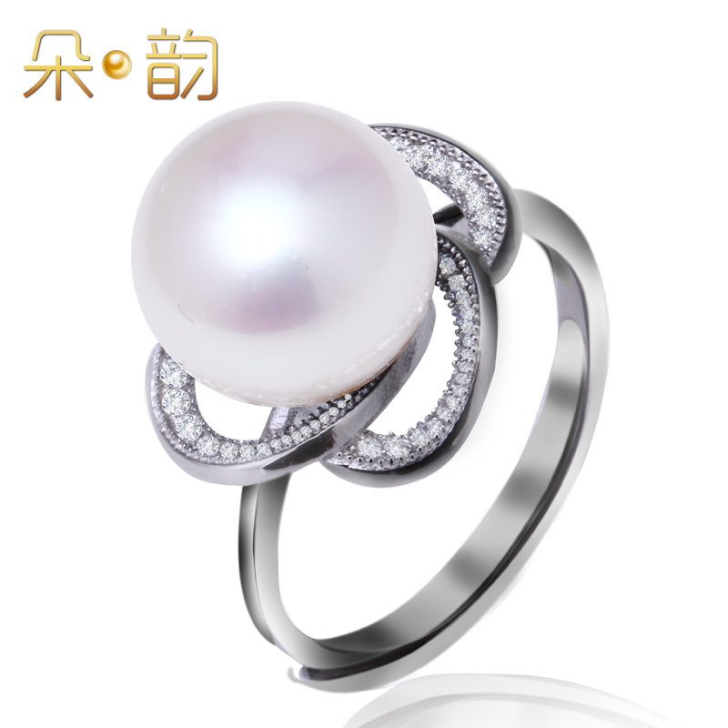 朵韵 珍珠戒指女饰品 925银 天然超大颗白珠10-11mm 戒指可调节
