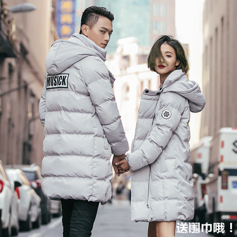 情侣装冬装2015韩国新款字母中长款棉衣情侣修身棉服大衣男女外套