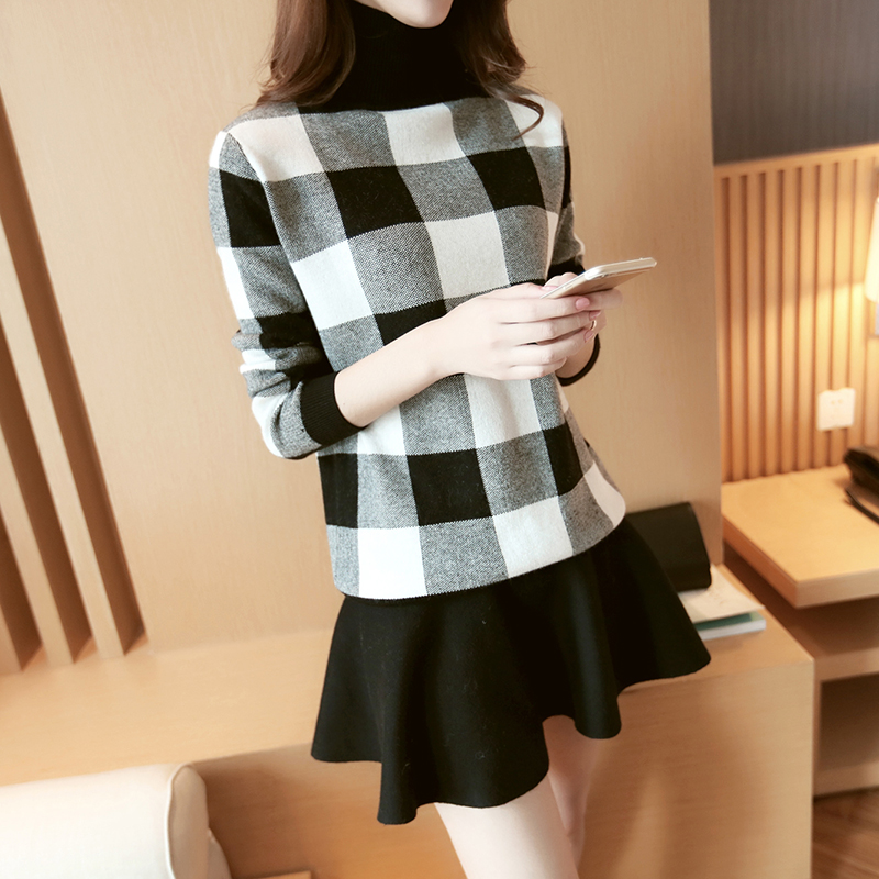 2016春季韩版新款格纹拼色高领打底修身女装套头衫针织衫