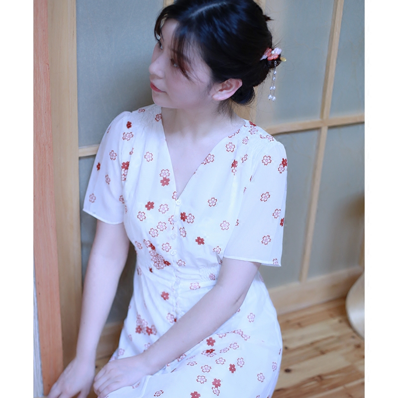 原创设计自制 温柔的樱花印花和风日式复古短袖V领中长雪纺连衣裙