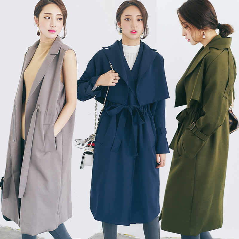 韩版女装名媛气质欧美西装大领马甲抽绳收腰两件套中长款风衣外套