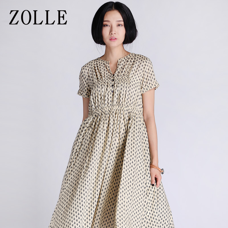 ZOLLE因为 2015夏装新款高档气质女装 中长款V领松紧腰碎花连衣裙
