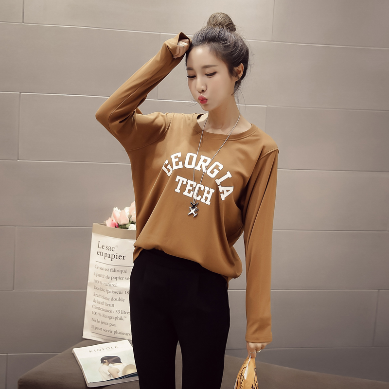 2016秋装新款韩版女装宽松字母加厚长袖圆领纯色打底衫T恤女