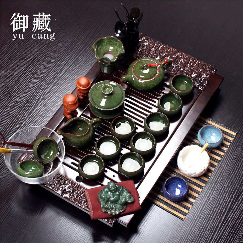 整套陶瓷茶具冰裂功夫白瓷宜兴紫砂定窑玻璃实木茶盘盖碗茶壶套装