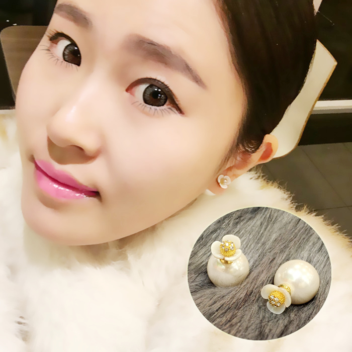 韩国双面珍珠耳钉女耳环气质贝壳雏菊花朵镶钻防过敏耳饰s925银针