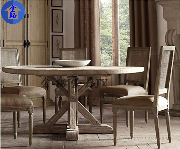 美式乡村圆形休闲复古工业餐桌欧式风格全实木会议办公酒吧咖啡桌
