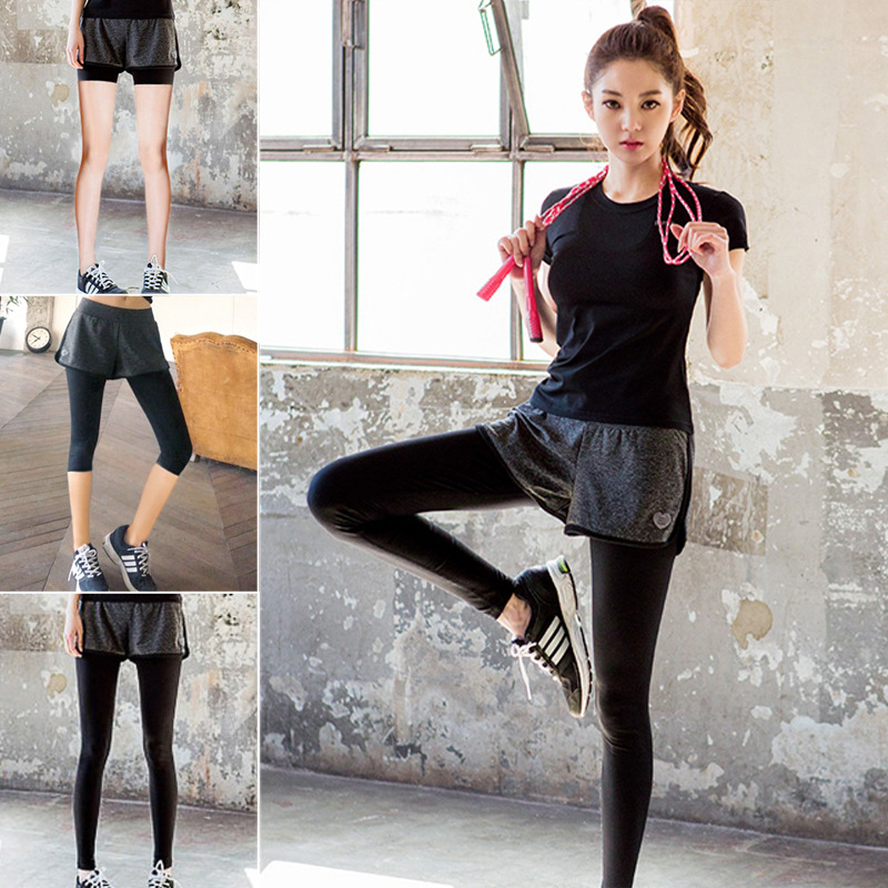 现货韩国春夏季新款训练服舒适透气瑜伽服运动健身假两件九分裤