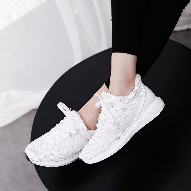 韩版新款运动鞋休闲透气跑步网鞋坡跟舒适浅口白色黑色系带松糕鞋