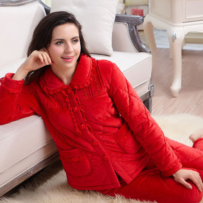 正品多拉美秋冬季新款结婚珊瑚绒夹棉加厚红色睡衣家居服女士套装
