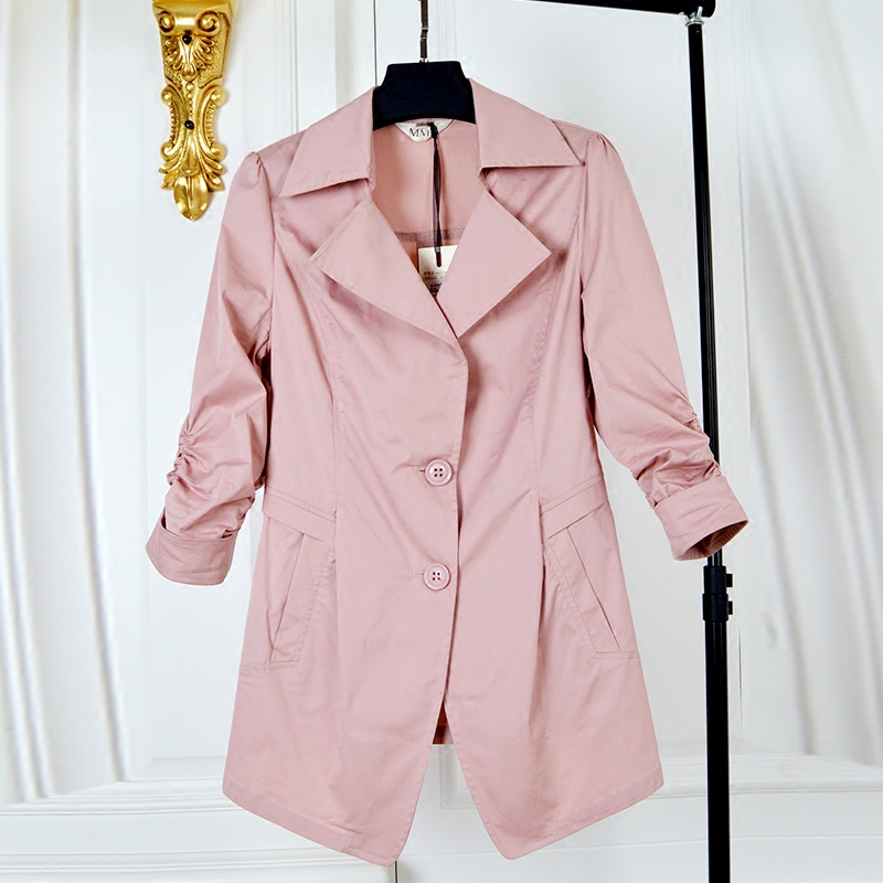 名米沙16007 2016秋季西装领七分袖单排扣短款风衣女薄款纯色外套