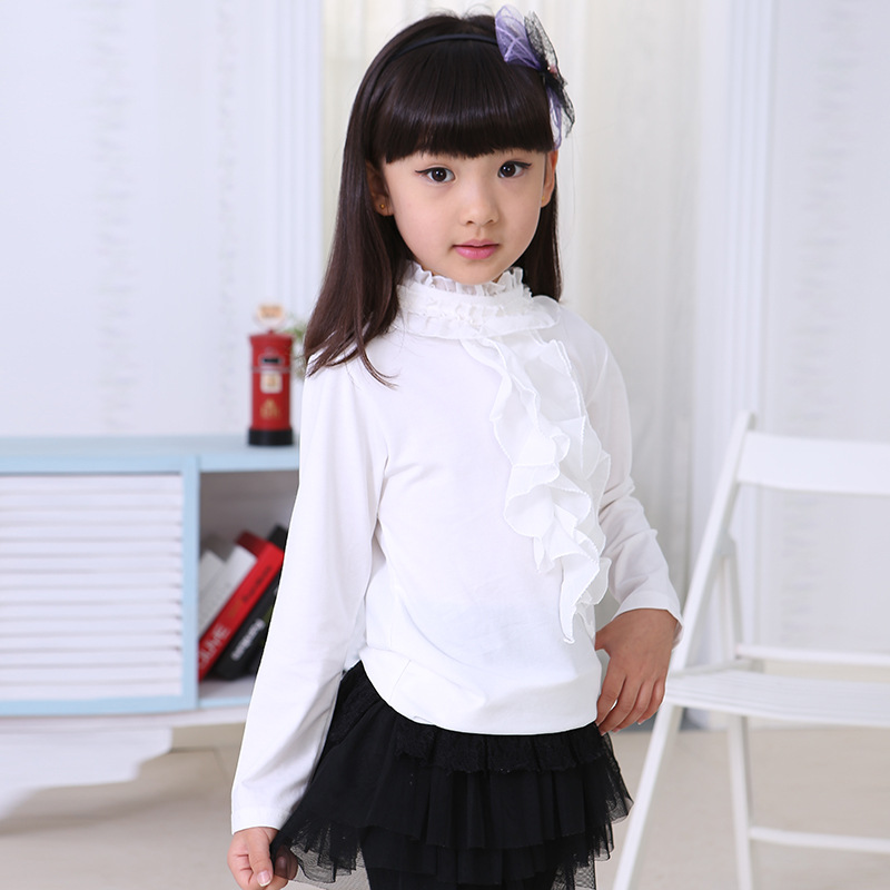 2015秋季新款儿童女童打底衫白色上衣韩版木耳边长袖高领纯棉T恤