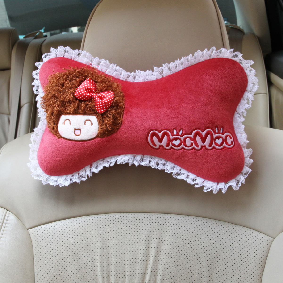 摩丝娃娃玫红卡通汽车用头枕 韩国可爱护颈枕 头靠车枕头 一对装