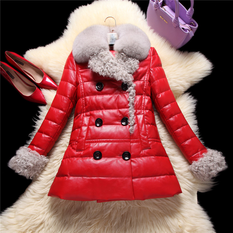 2015新款冬双排扣真皮羽绒服超大狐狸毛羊羔毛中长款修身女装皮衣