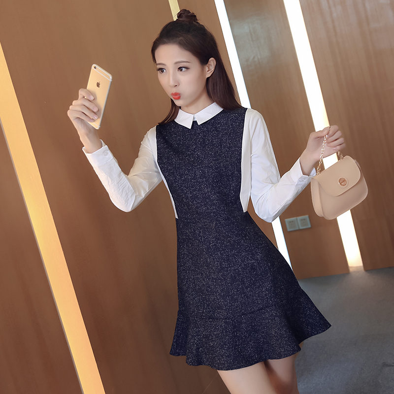 【实拍】新款韩版女装秋装新款显瘦拼接荷叶边短裙连衣裙