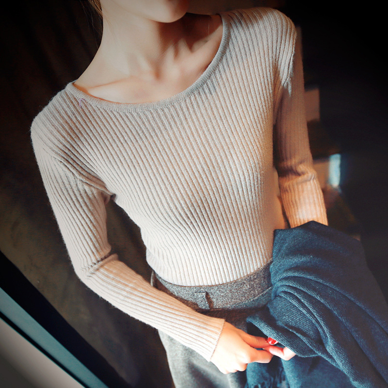 2016秋冬韩版女装新款圆领套头毛衣女学生甜美修身高弹打底针织衫