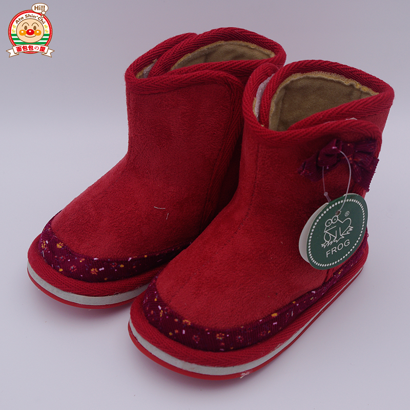 【面包包の屋】2016年FROG新款中国红女童反绒皮防滑平底短筒靴