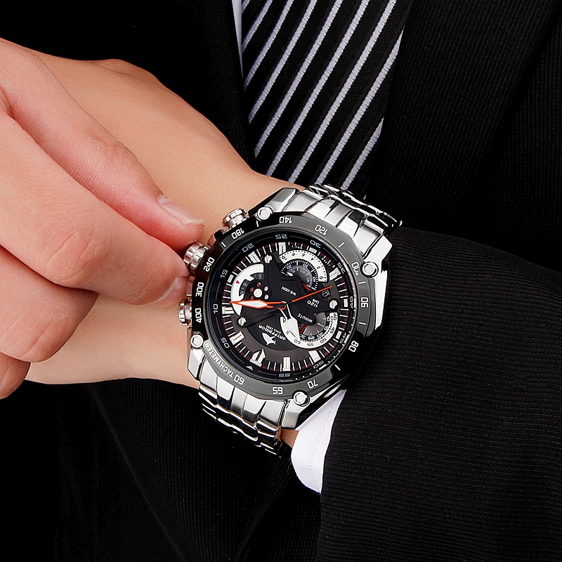 2016正品新款精钢男士运动手表圆形防水石英表多功能六针夜光手表