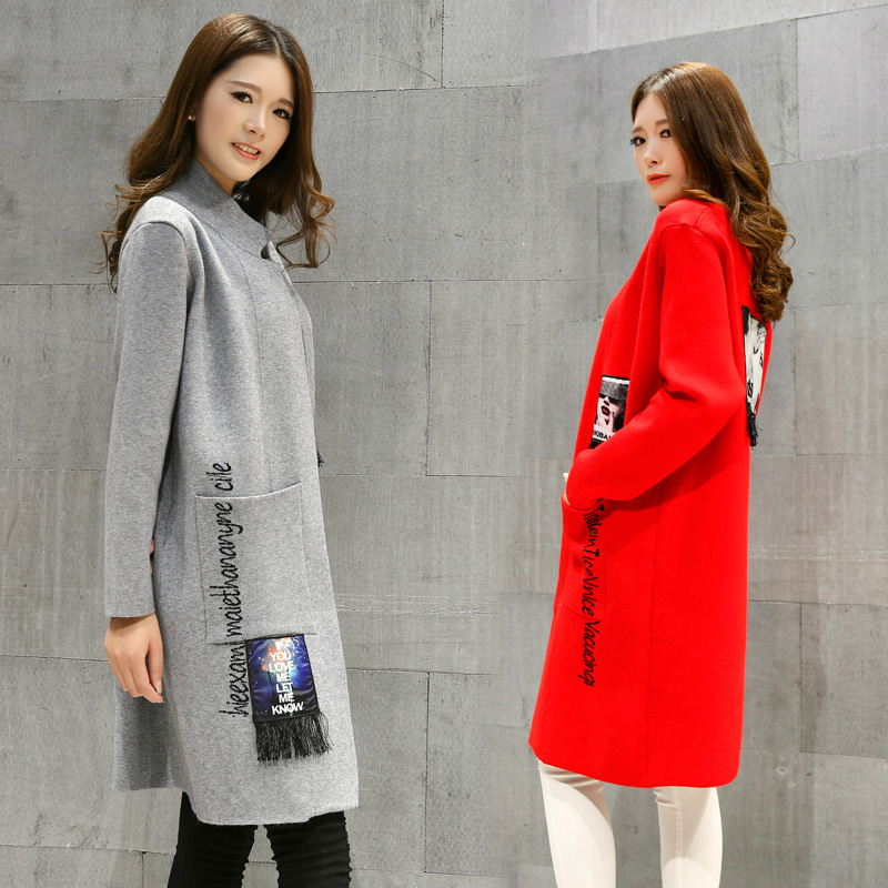 秋装新款韩版休闲立领贴布个性流苏中长款针织衫女士毛衣外套