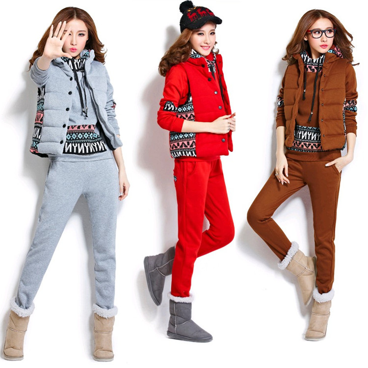 2015秋冬季新款显瘦印花女装加厚加绒运动休闲套装韩版卫衣三件套