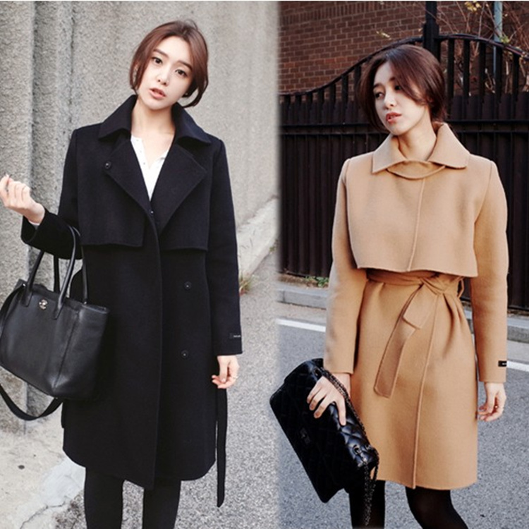 2015秋冬装新款韩版修身显瘦收腰加厚毛呢子大衣中长款斗篷外套女
