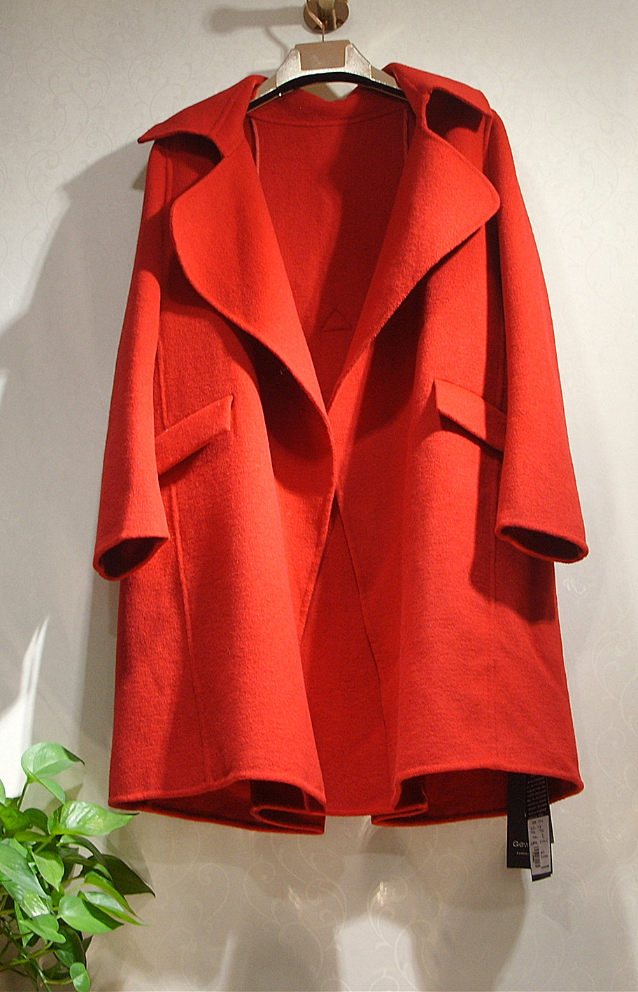 2015秋冬红色西装领长袖长款无扣双面羊绒大码手工羊毛呢大衣外套